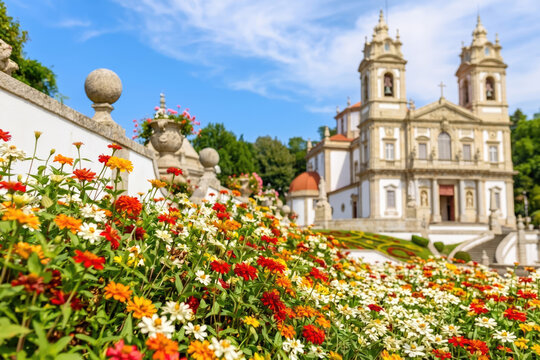 Santu&aacute;rio do Bom Jesus do Monte with vibrant flower gardens. Braga, Portugal