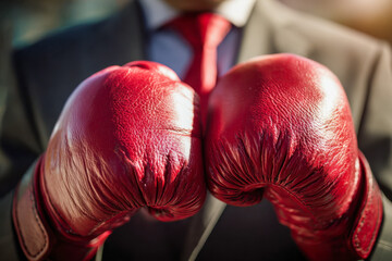 Naklejka premium Businessman wearing red boxing gloves in a suit and tie symbolizing strength and readiness for corporate challenges and competition in the workplace