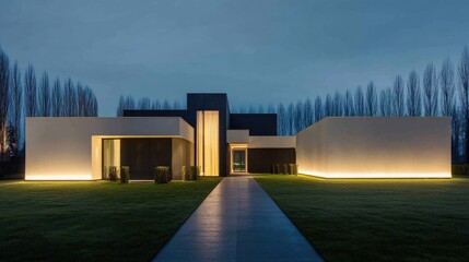 Fototapeta premium Modern Minimalist House at Dusk with Lush Green Lawn and Pathway
