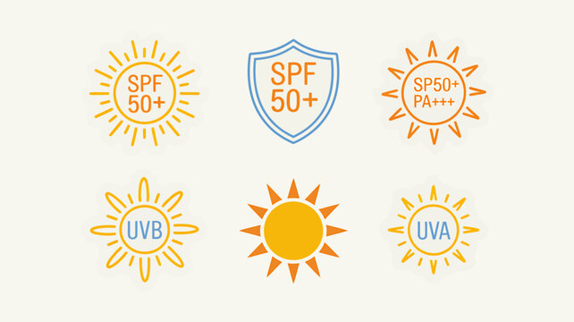 Collection of sun protection factor and UV ray shield icons with labels