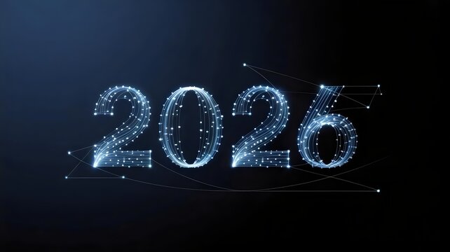 Shimmering particle 2026 logo on deep blue backdrop - for professional tech design