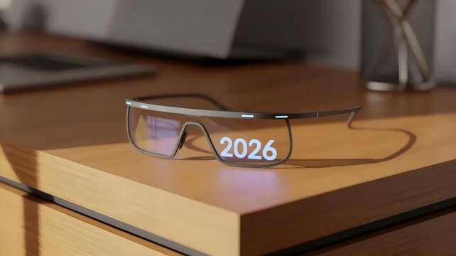Sleek AR glasses on wooden desk with digital display - for wearable tech marketing