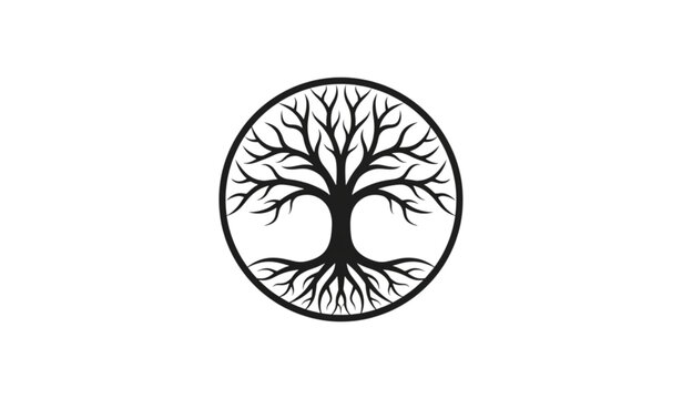 Black and White Tree of Life Illustration in Circular Design for Spirituality, Nature, and Wellness Symbolism