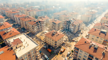 Fototapeta premium Aerial view of urban buildings damaged by earthquake, debris scattered on streets, emergency vehicles present, showcasing the aftermath of a natural disaster in a city environment