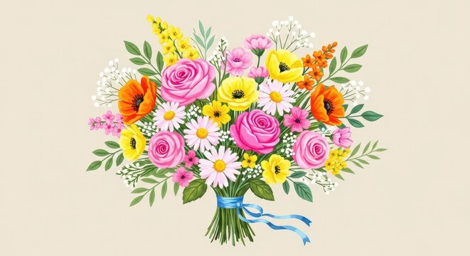 Vibrant watercolor bouquet of mixed flowers with pink roses, yellow daisies, orange marigolds, and green leaves, tied with blue ribbon