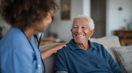Obraz premium Biomedical technician calibrates remote patient monitoring sensor array in tidy home living room for elderly couple, spring afternoon light, connected health device installation, aging population te