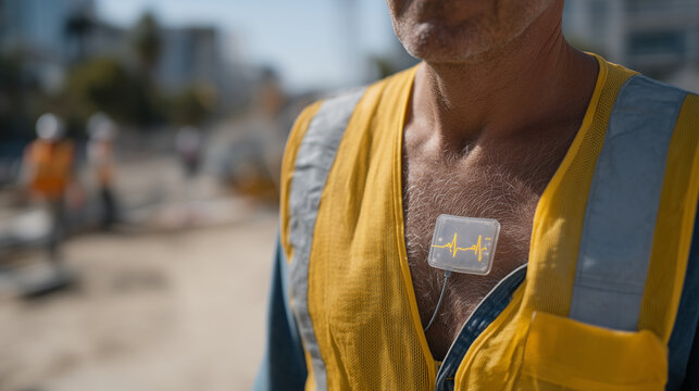 Continuous vital sign monitoring patch adhered to a construction worker's chest under a hi-vis vest, harsh midday sun on dusty job site, real-time cardiac telemetry wearable, occupational health saf