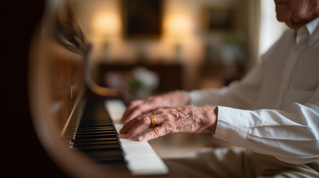 Arthritic fingers of an 82-year-old man pressing piano keys in a warmly lit living room, adult son seated beside him watching, music cognition aging brain, dementia prevention through music, senior 