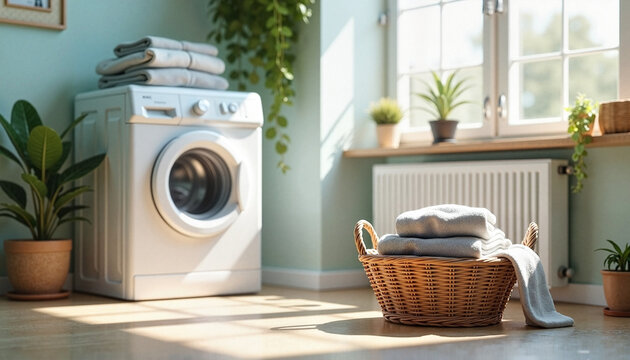 Laundry basket with folded towels in bright laundry room interior