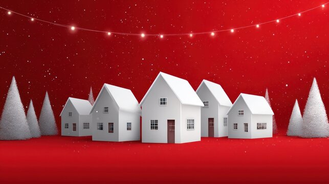 White Christmas Houses in Festive Red Scene with String Lights and Snowy Trees