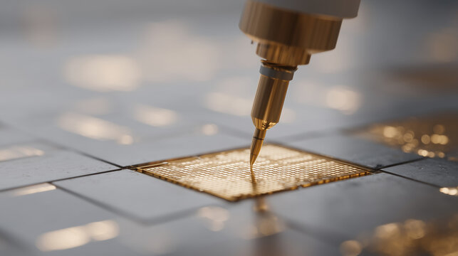 Scanning tunneling microscope needle tip at atomic proximity to gold surface lattice, rendered visualization on adjacent screen, researcher adjusting fine positioning controls in vibration-isolated 