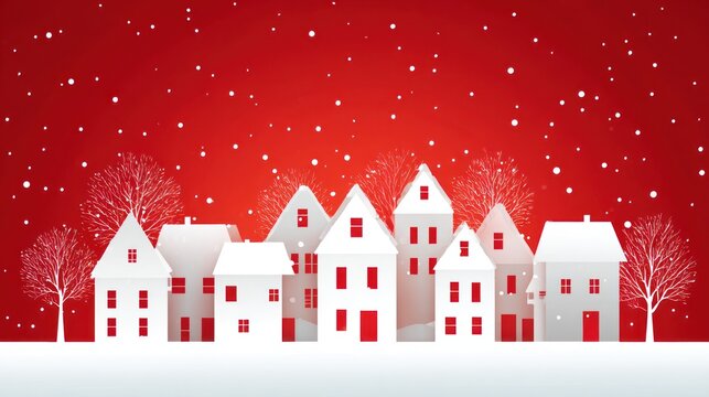 White Paper Houses in Snowy Winter Scene with Fireworks and Red Sky