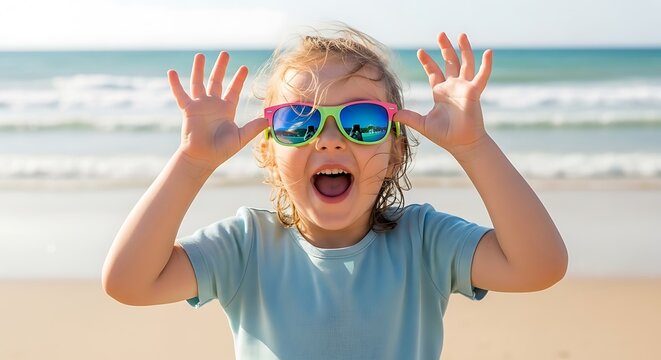 Happy child on sunny beach vacation.