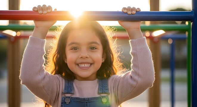 Happy child playing on playground equipment.