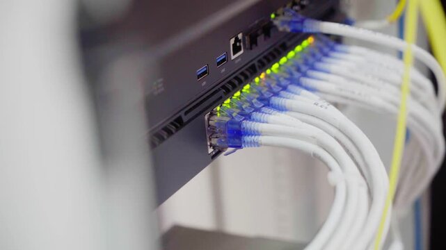 Close up of a digital ethernet network cable connecting a computer to a server router for high speed business data communication and internet technology hardware equipment