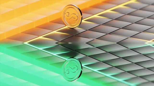 Shiny digital dollar coin rolling across a futuristic grid surface with vibrant orange and green lights, representing financial technology, cryptocurrency, investment, and the global economy