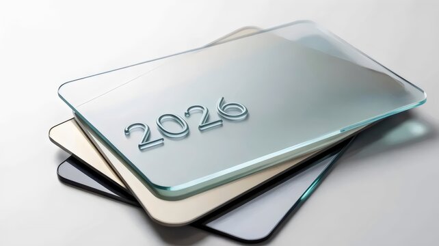 Frosted glass credit card stack with engraved year - for premium banking imagery