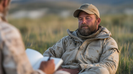 Obraz premium Combat veteran lying in grass with eyes closed during outdoor nature immersion therapy session, therapist seated cross-legged nearby taking notes, meadow setting at golden hour, ecotherapy for PTSD,