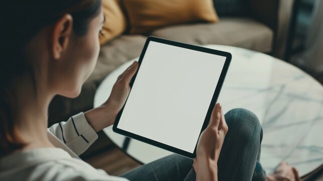 Woman Holding Digital Tablet Sitting on Couch in Modern Living Room