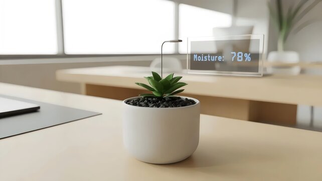 Ceramic pot with embedded plant health sensor on desk - for sustainable tech concepts