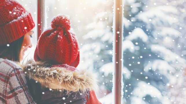 Woman and Child Watching Snowfall Through Window in Cozy Winter Scene