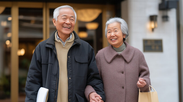 Senior couple walks slowly through a property line dispute arbitration office, holding hands, worried faces, documents in tote bag, elderly homeowners boundary dispute, senior property conflict, enc