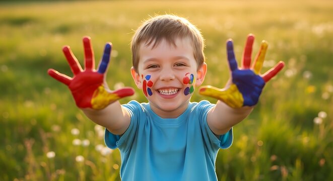 Happy child with painted hands outdoors.