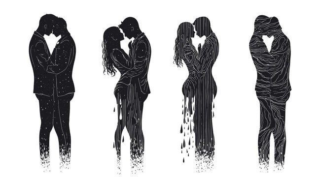 Four silhouettes of couples in embrace, with textured black forms and drippy effects