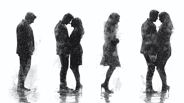 Monochrome artwork depicting four figures representing relationships, in water-splattered silhouettes
