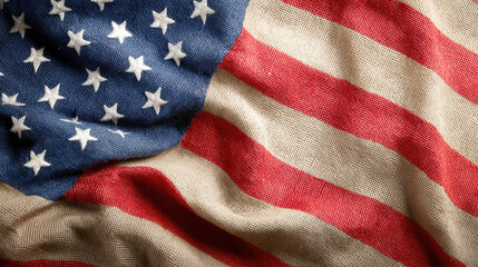 Obraz premium Rustic American Flag on Burlap Texture Background for Patriotic Independence Day and Memorial Day Celebrations representing National Pride and American Heritage in Vintage Style