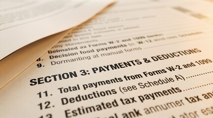 Fototapeta premium Tax documents showing section on payments and deductions with forms W-2 and 1099, highlighting total payments and estimated tax payments for financial review