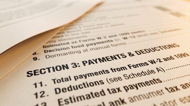 Tax documents showing section on payments and deductions with forms W-2 and 1099, highlighting total payments and estimated tax payments for financial review