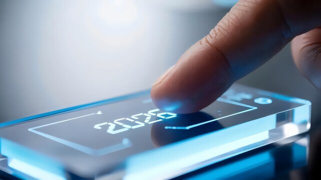 Close-up of thumb on illuminated 2026 security scanner - for cybersecurity campaigns