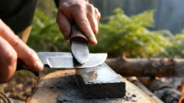 Sharpening the Knife Blade with Stone in Nature Close Up