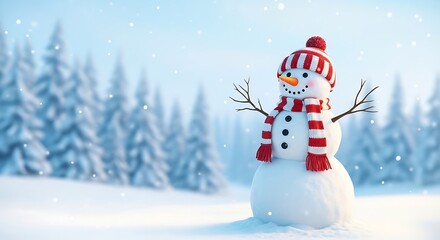 Fototapeta premium Charming snowman in a winter wonderland landscape with frosty pine trees