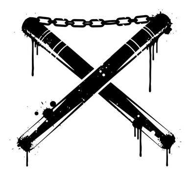 Crossed nunchucks martial arts weapon with paint splatters and drips in urban grunge style