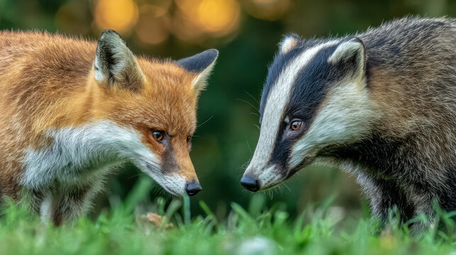 Intense standoff between a red fox and a badger in a natural green environment with focused expressions and detailed fur textures during daylight hours