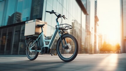 Fototapeta premium electric cargo bike delivering packages in a modern city, urban lifestyle, natural daylight, photorealistic, no text, no logo