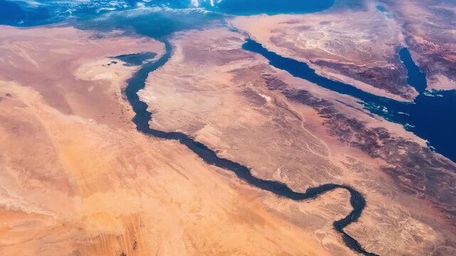 Satellite view of Nile River, Red Sea and Mediterranean Sea. Egypt, Saudi Arabia, Israel and Jordan as seen from space. Africa and Middle East Map. Elements of this video furnished by NASA.