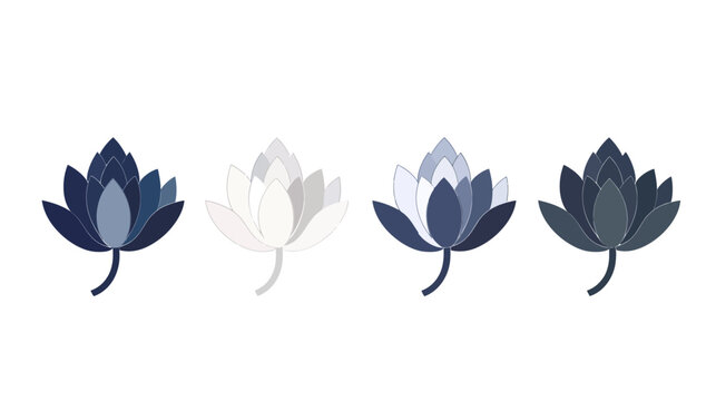 A minimalist illustration of four different-colored lotus flowers. Each has unique petal and stem hues
