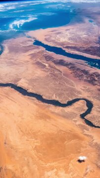 Satellite view of Nile River, Red Sea and Mediterranean Sea. Egypt, Saudi Arabia, Israel and Jordan as seen from space. Africa and Middle East Map. Elements of this video furnished by NASA.