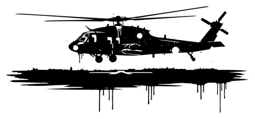 Military helicopter landing silhouette with ink splatters in urban grunge style © UrbanDruid