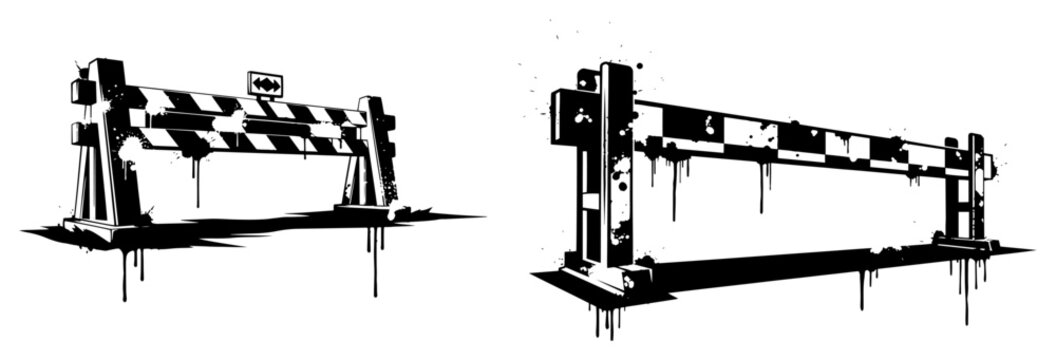 Military road barriers and checkpoint blockades with ink splatters in urban grunge style