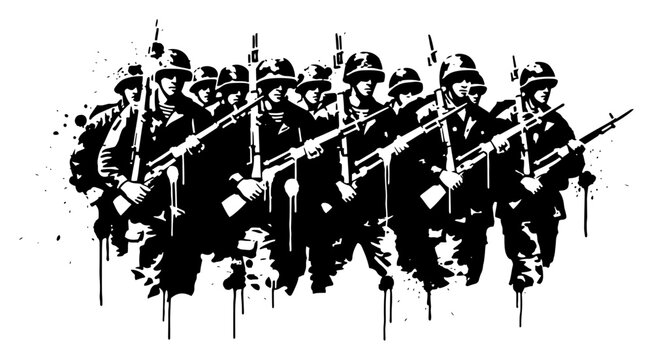 Group of military soldiers standing in formation in ink splatter style