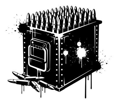 Ammunition box full of bullets with ink splatters in urban grunge style