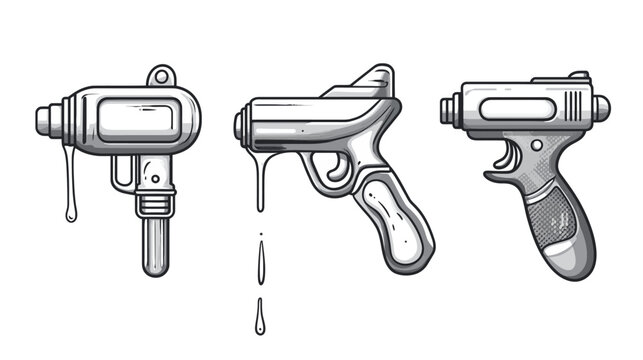 Three stylized, grayscale illustrations of different firearm designs, rendered with thick outlines and textures