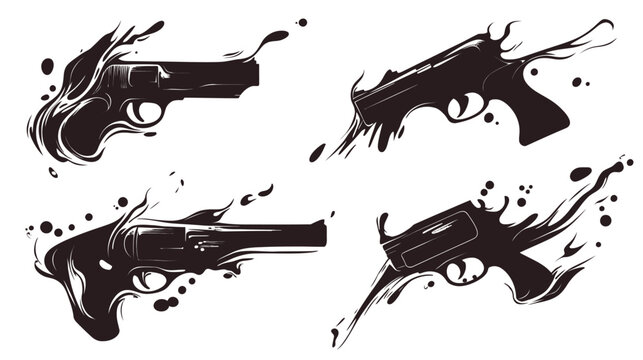 Black gun silhouettes with artistic splash effect, four firearms in a minimalist vector design