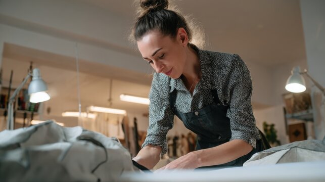 fashion designer upcycling old garments into modern clothing in a creative studio, photorealistic, no text, no logo