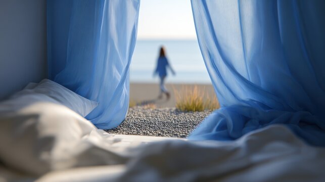 Woman Walking on Beach Seen Through Blue Curtains From Bed