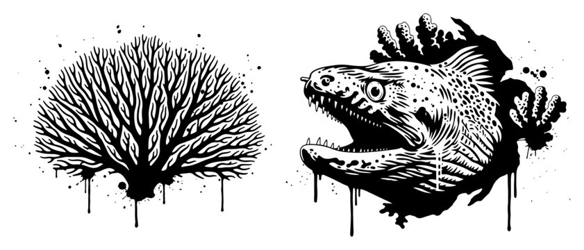 Moray eel and sea coral with ink splatters in urban grunge style